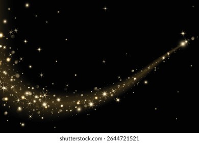 Ajoutez en tant que superposition à n'importe quel arrière-plan ou photo en utilisant le mode Écran. Vague scintillante dorée. Lumières scintillantes, lueur, effet de poussière magique. Pour Noël, posters de fête, bannières de fête, promotions. Image vectorielle.