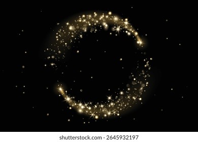 Add as overlay to any background or photo by using Screen mode. Golden glitter circle with sparkling lights, glow. Magic dust effect. Festive frame for Christmas, New Year cards, party posters.Vector.