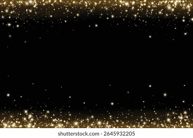 Add as overlay to any background or photo using Screen mode. Golden glitter lights and particles falling. Sparkling festive frame for Christmas, New Year, celebration.