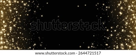 Add as overlay to any background or photo by using Screen mode. Golden glitter corners with glow, sparkles and bokeh. Festive frame for Christmas, New Year, invitations, celebration banners. Vector.