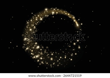 Add as overlay to any background or photo by using Screen mode. Golden glitter circle with sparkling lights, glow. Magic dust effect. Festive frame for Christmas, New Year cards, party posters.Vector.