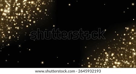 Add as overlay to any background or photo by using Screen mode. Golden glitter corners with glow, sparkles and bokeh. Festive frame for Christmas, New Year, invitations, celebration banners. Vector.