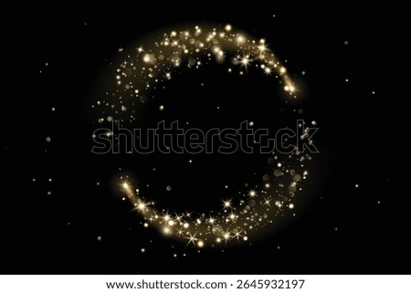 Add as overlay to any background or photo by using Screen mode. Golden glitter circle with sparkling lights, glow. Magic dust effect. Festive frame for Christmas, New Year cards, party posters.Vector.