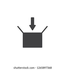 Add to package box vector icon. filled flat sign for mobile concept and web design. Cardboard box and arrow down simple solid icon. Symbol, logo illustration. Pixel perfect vector graphics