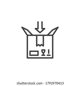 Icono de línea de cuadro de paquete de paquete. signo de estilo lineal para concepto móvil y diseño web. Cuadro de cartón e icono del vector de contorno de flecha. Símbolo de la bandeja de entrada, ilustración del logotipo. Gráficos vectoriales