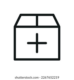 Add parcel isolated icon, cardboard box with plus vector symbol with editable stroke