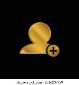 Add People Interface Symbol Of Black Person Close Up With Plus Sign In Small Circle Gold Plated Metalic Icon Or Logo Vector