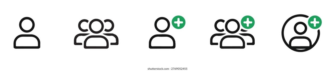 Add person icon, group icon, user account, new user, green plus symbol, different styles, illustration.