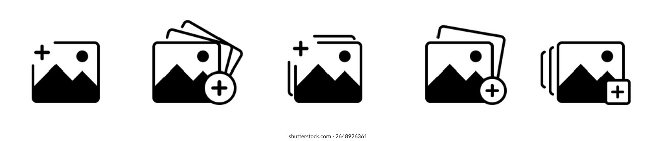 Adicionar conjunto de ícones de foto. Um conjunto de ícones com foco na interface do usuário mostrando variações de adicionar uma imagem ou foto a uma galeria ou postagem. Ilustração vetorial