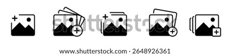Add photo icon set. A UI-focused icon set showing variations of adding an image or photo to a gallery or post. Vector illustration