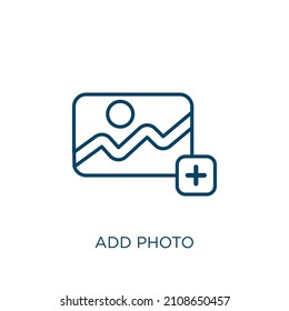 añadir icono de foto. Icono de contorno de foto lineal delgado aislado en fondo blanco. Vector de línea añadir signo de foto, símbolo para web y móvil