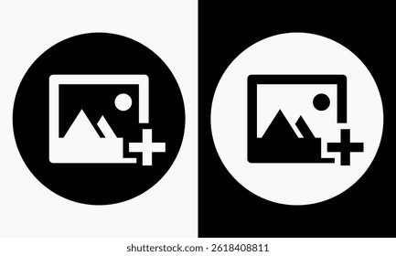 Add Photo Picture icon. Add Picture symbol icon, featuring a simple and clean design of a circle framed image. Available in black and white colour.