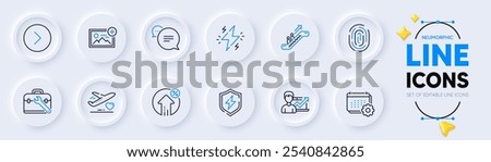 Add photo, Power and Power safety line icons for web app. Pack of Tool case, Success business, Calendar pictogram icons. Medical flight, Forward, Text message signs. Escalator. Vector