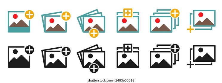 Add photo set icons, edit picture album, attach new image or picture, refine edit picture, set photo image - vector