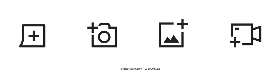 Add photo and video icon. Vector illustration. Addition on gallery symbol collection. White background.