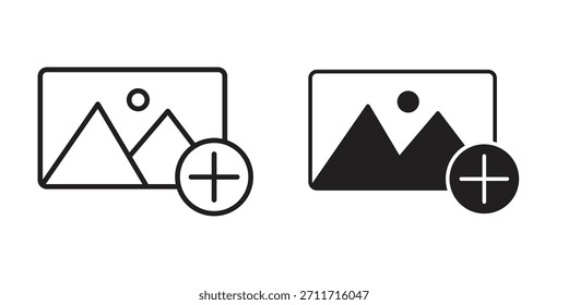 Adicione o ícone de fotos em Estilo fino linear e plano. conjunto de sinais e símbolos