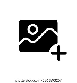 Add picture black glyph ui icon. Upload image. Simple filled line element. User interface design. Silhouette symbol on white space. Solid pictogram for web, mobile. Isolated vector illustration