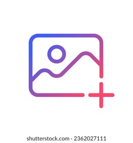 Add picture pixel perfect gradient linear ui icon. Upload image. Digital photos. Visual content. Line color user interface symbol. Modern style pictogram. Vector isolated outline illustration