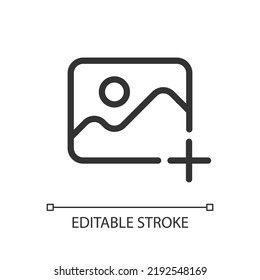 Add picture pixel perfect linear ui icon. Upload image. Digital photos. Content management. GUI, UX design. Outline isolated user interface element for app and web. Editable stroke. Arial font used