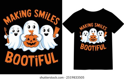 "Add a playful touch to your wardrobe with this 'Making Smiles Bootiful' t-shirt design. Featuring a fun, creative twist on the words 'beautiful' and 'smiles,' this unique design is perfect for those 