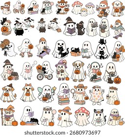 Adicione um toque divertido à sua temporada assustadora com o Pacote de Clipart Fantasma bonito Halloween, uma coleção deliciosa de ilustrações fantasma desenhadas à mão perfeito para artesanato festivo e design. Este limite