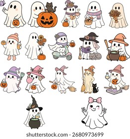Adicione um toque divertido à sua temporada assustadora com o Pacote de Clipart Fantasma bonito Halloween, uma coleção deliciosa de ilustrações fantasma desenhadas à mão perfeito para artesanato festivo e design. Este limite