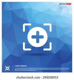 Add Plus Icon - abstract logo type icon - blue polygonal background. Vector illustration