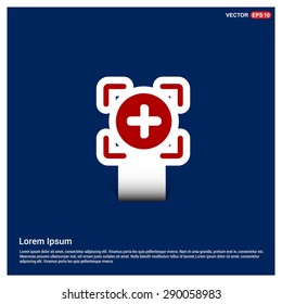 Add Plus Icon - abstract logo type icon - Red & white sticker icon on blue background. Vector illustration