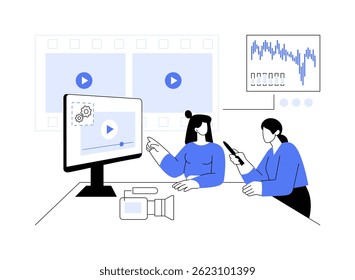 Add post-production isolated cartoon vector illustrations. Production studio staff makes post production, creative marketing agency, brand promotion, professional service vector cartoon.