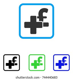 Add Pound icon. Flat grey iconic symbol inside a blue rounded rectangle. Black, green, blue color variants of Add Pound vector. Designed for web and application user interface.