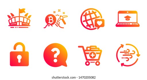 Add products, Bitcoin mining and World brand line icons set. Arena, Lock and Question mark signs. Website education, Wind energy symbols. Shopping cart, Cryptocurrency pickaxe. Business set. Vector