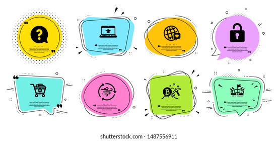 Add products, Bitcoin mining and World brand line icons set. Chat bubbles with quotes. Arena, Lock and Question mark signs. Website education, Wind energy symbols. Vector