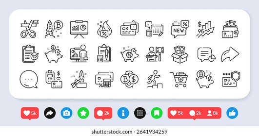 Add products, Survey checklist and Saving money line icons pack. Social media: share, comment, like icons. Money, Leader run, Bitcoin coin web icon. Vector