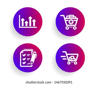Add products, Upper arrows and Survey checklist icons simple set. Halftone dots button. Shopping cart sign. Shopping cart, Growth infochart, Report. Online buying. Finance set. Vector