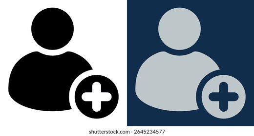 Add Profile Icon. User Avatar with Plus Sign in Light and Dark Theme, Flat Vector Symbol for Social Media, Apps, Websites, UI UX Interfaces, Minimal Modern Graphic Illustration