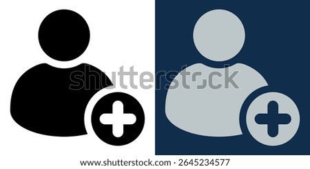 Add Profile Icon. User Avatar with Plus Sign in Light and Dark Theme, Flat Vector Symbol for Social Media, Apps, Websites, UI UX Interfaces, Minimal Modern Graphic Illustration