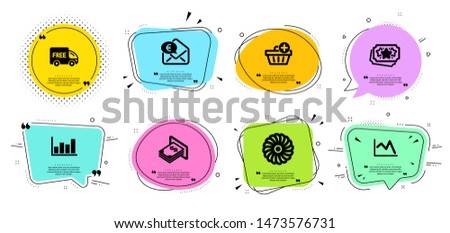 Add purchase, Atm money and Euro money line icons set. Chat bubbles with quotes. Loyalty points, Fan engine and Report diagram signs. Line chart, Free delivery symbols. Vector