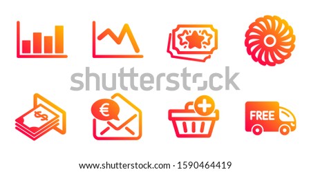 Add purchase, Atm money and Euro money line icons set. Loyalty points, Fan engine and Report diagram signs. Line chart, Free delivery symbols. Shopping order, Dollar currency. Finance set. Vector