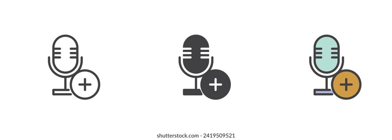 Add record different style icon set. Line, glyph and filled outline colorful version, outline and filled vector sign. Microphone with plus Symbol, logo illustration. Vector graphics