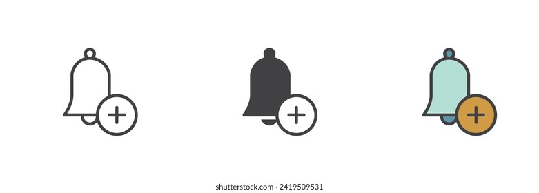 Add reminder different style icon set. Line, glyph and filled outline colorful version, outline and filled vector sign. Bell with plus Symbol, logo illustration. Vector graphics