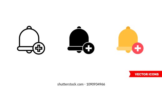Add reminder icon of 3 types: color, black and white, outline. Isolated vector sign symbol.