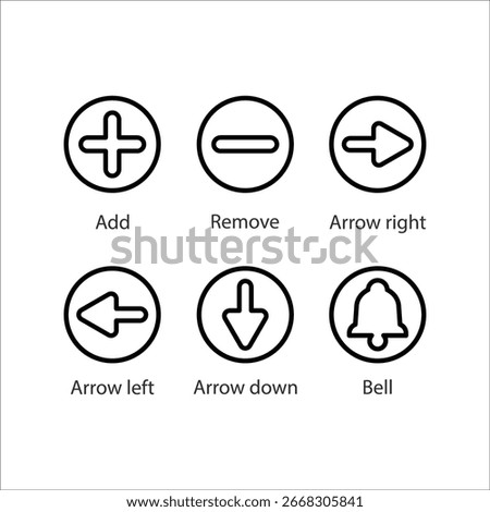 Add, Remove, Arrow right, Arrow left, Arrow down, Bell, Icon, Line icon Set