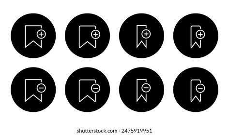 Add and remove bookmark icon set on black circle. Save and unsaved concept