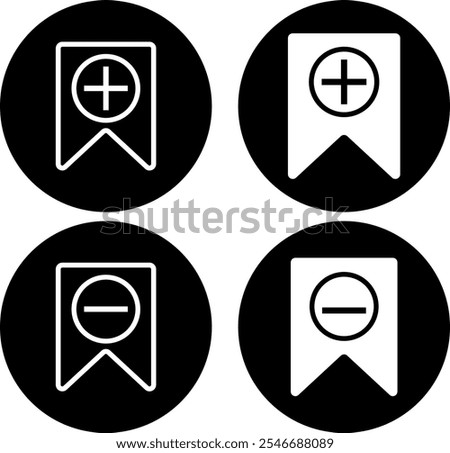 Add and remove bookmark icon set. Bookmark icon with plus and minus sign. Save and unsaved concept. 