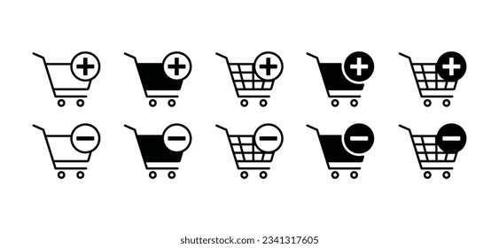 Add and remove to cart icon. Online shop shopping cart icon with plus sign symbol on white background with editable stroke for apps and websites. Vector illustration EPS 10	