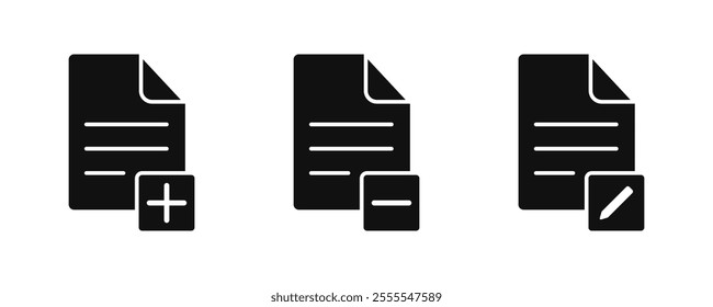 Add, remove, and edit document icon silhouette with plus and minus symbol. Vector illustration