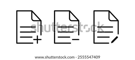 Add, remove, and edit document icon in line style with plus and minus symbol. Editable stroke