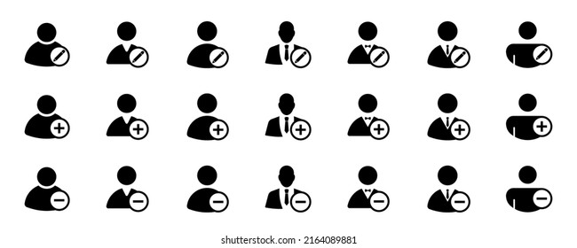 Add, remove and edit profile vector icons set. Web user or avatar icon. Admin vector silhouette.