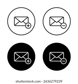 Add and remove envelope message, email outline icon on black circle. Create and delete mail sign symbol