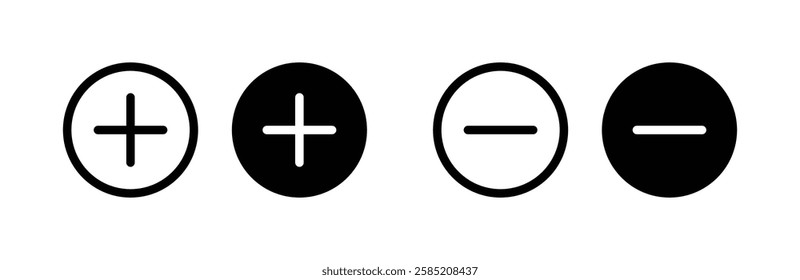 Add or remove feature Icon Set. 
Plus or Minus icon, add or delete button, add new or remove Item. Black color outline and solid fill. Vector illustration. 